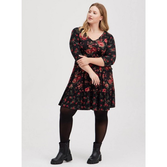 Torrid Floral Mini Super Soft Skater Dress Black Red Plus Size 4 4X H14738 - Picture 13 of 13